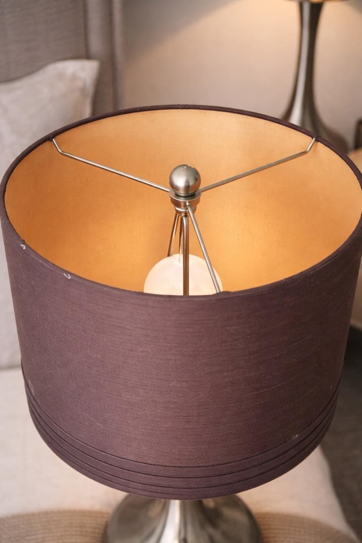 Pair of Contemporary Brushed Nickel Table Lamps With Original Chocolate Brown Drum Shades – - 5