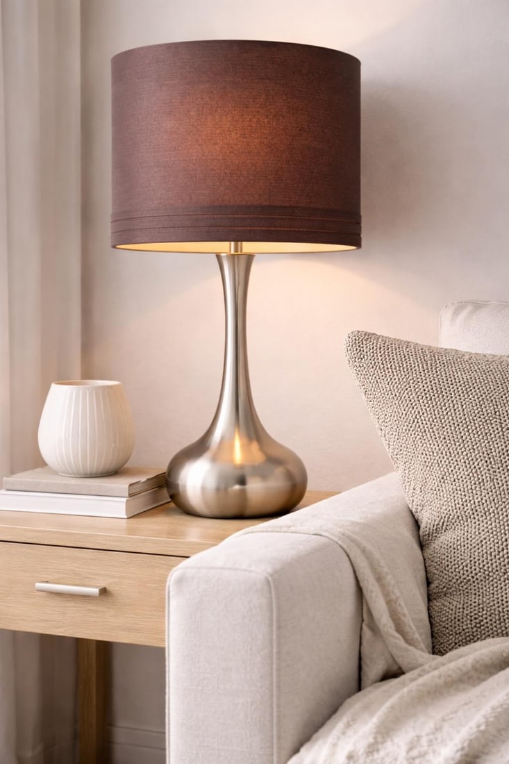 Pair of Contemporary Brushed Nickel Table Lamps With Original Chocolate Brown Drum Shades – - 7