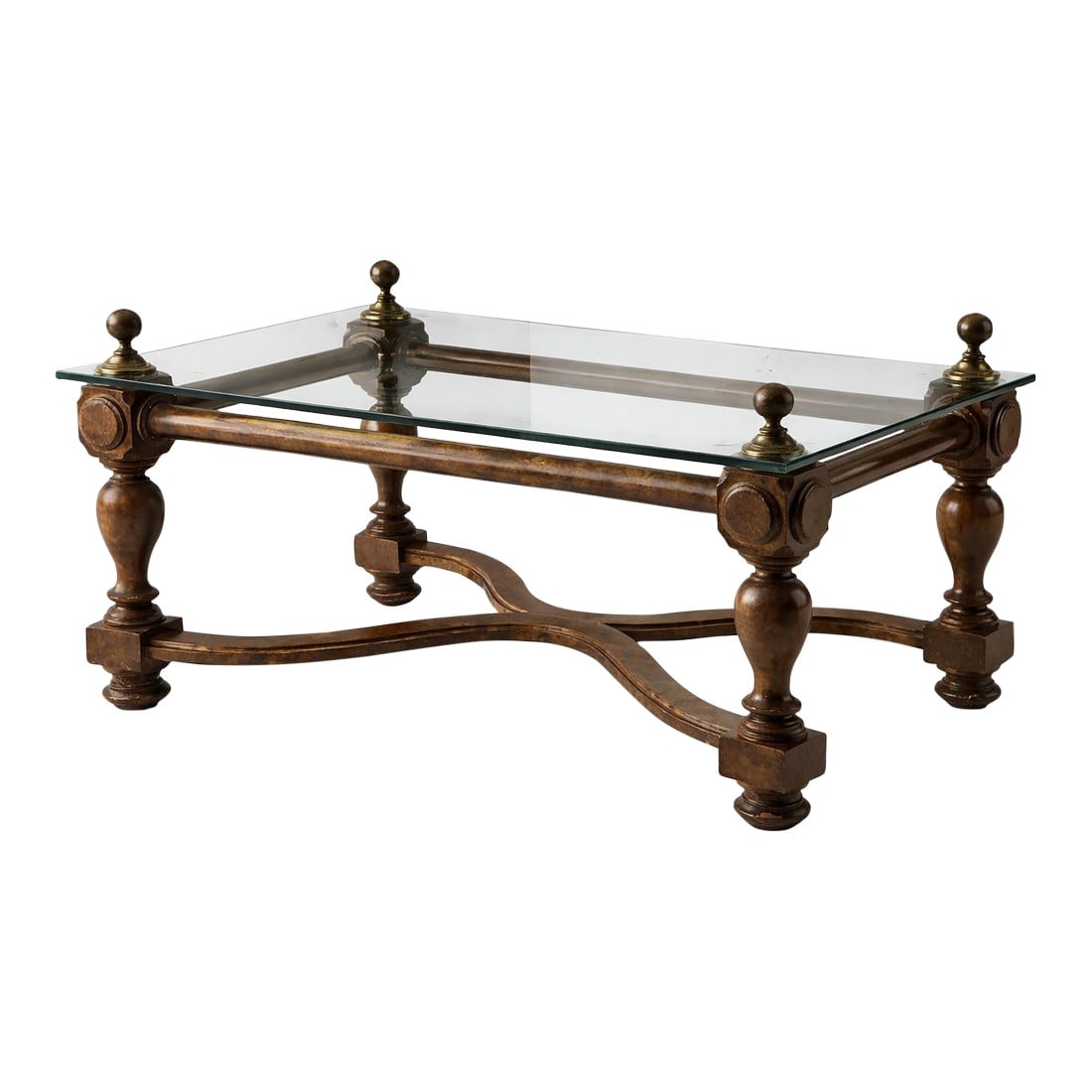 Neoclassical Style Solid Wood & Â½" Beveled Glass Coffee Table With Brass Finials, Late: Architectural Neoclassical-style coffee table featuring a sculptural solid wood base, substantial Â½-inch beveled glass top, and solid brass finials. A graceful double-curved X-form stretche