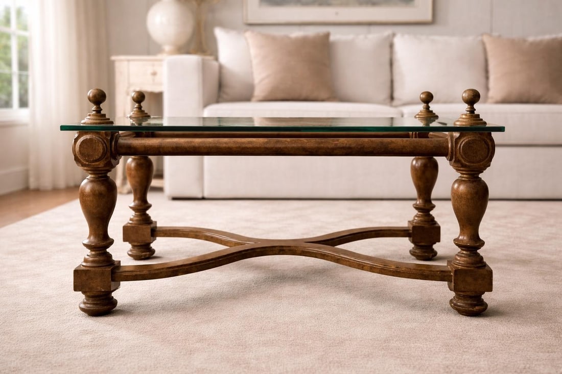 Neoclassical Style Solid Wood & Â½" Beveled Glass Coffee Table With Brass Finials, Late - 2