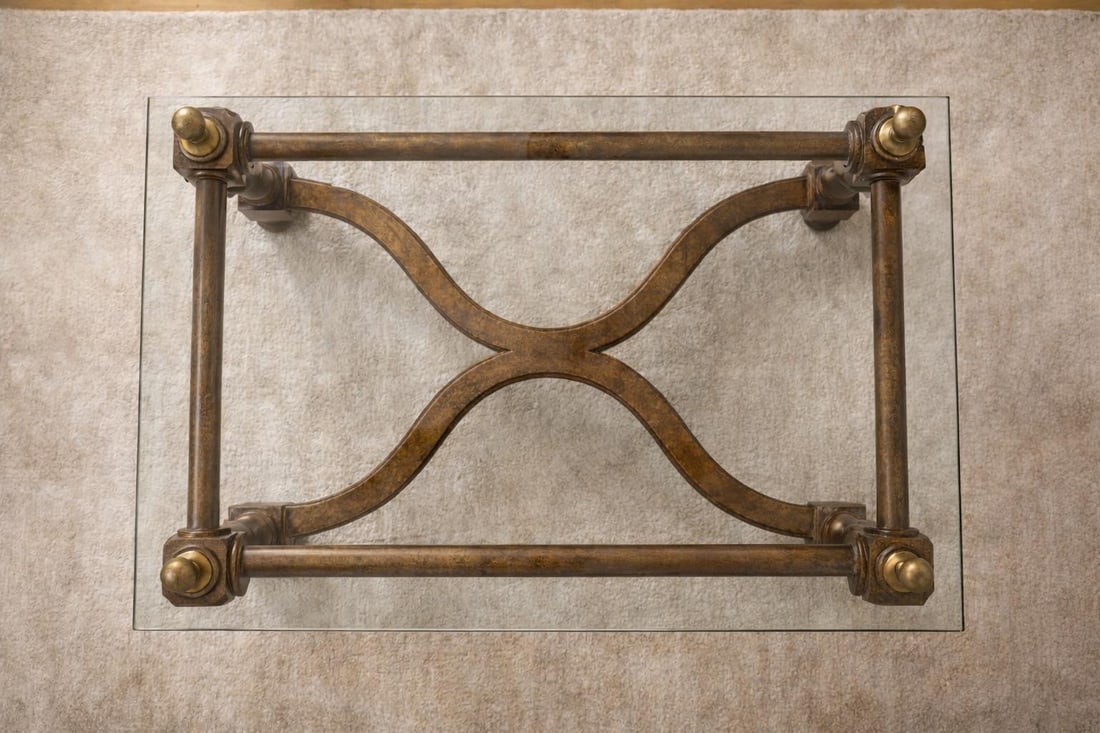 Neoclassical Style Solid Wood & Â½" Beveled Glass Coffee Table With Brass Finials, Late - 3