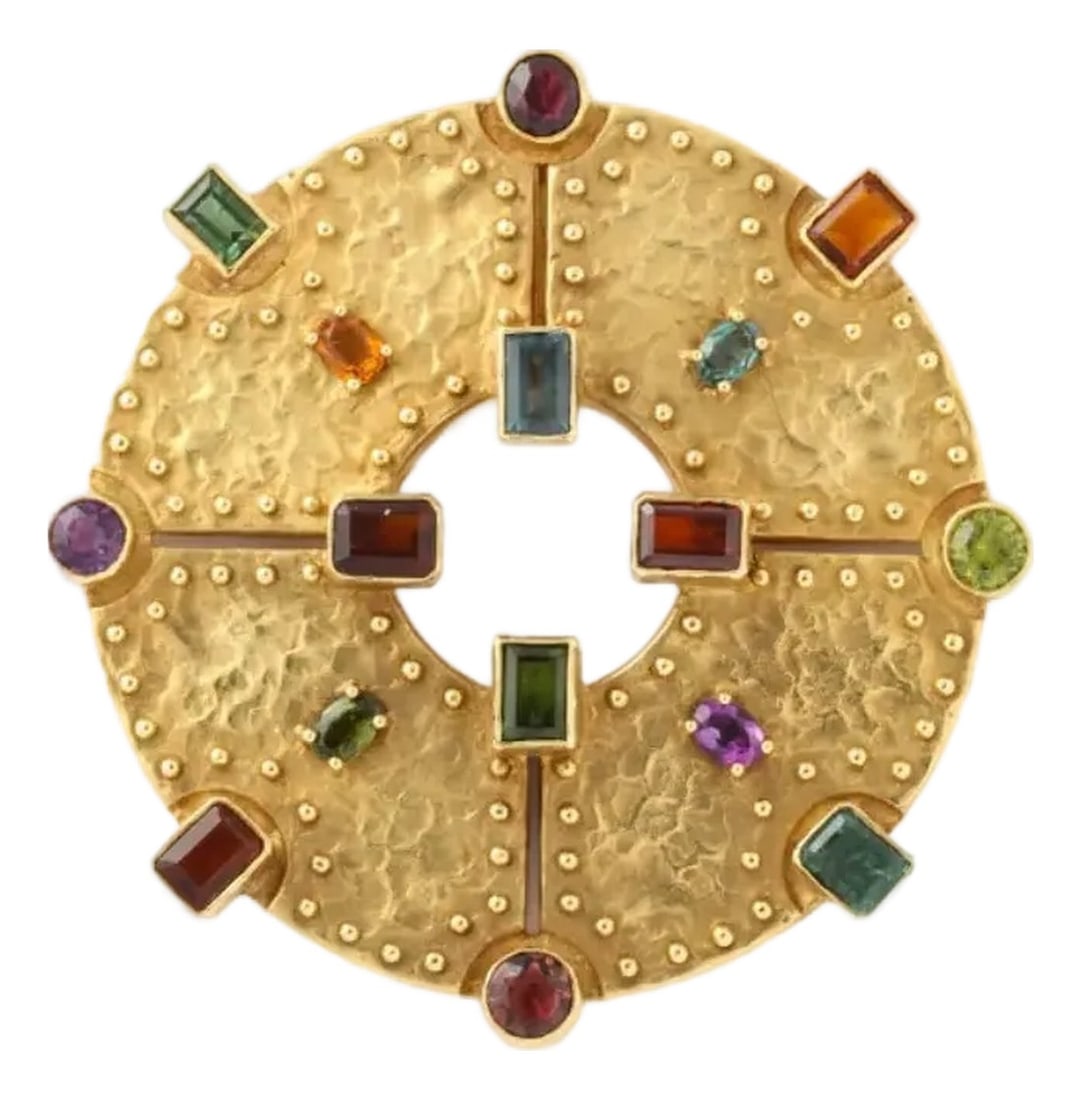 18 Kt. Gold Pendant Brooch by Ed Weiner Vintage 70s': Ed Wiener 18kt Yellow Gold Pendant Brooch with Multi-Color Prong & Bezel set Stones and hammered and applied gold bead decoration. Modernist design with multi-colored stones, All faceted stones - incl