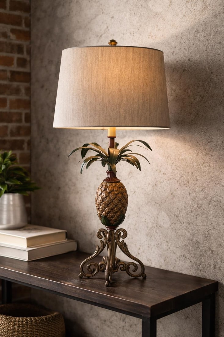Late 20th Century Solid Metal Pineapple Table Lamp With Scroll Base and Original Gray Shade - 2