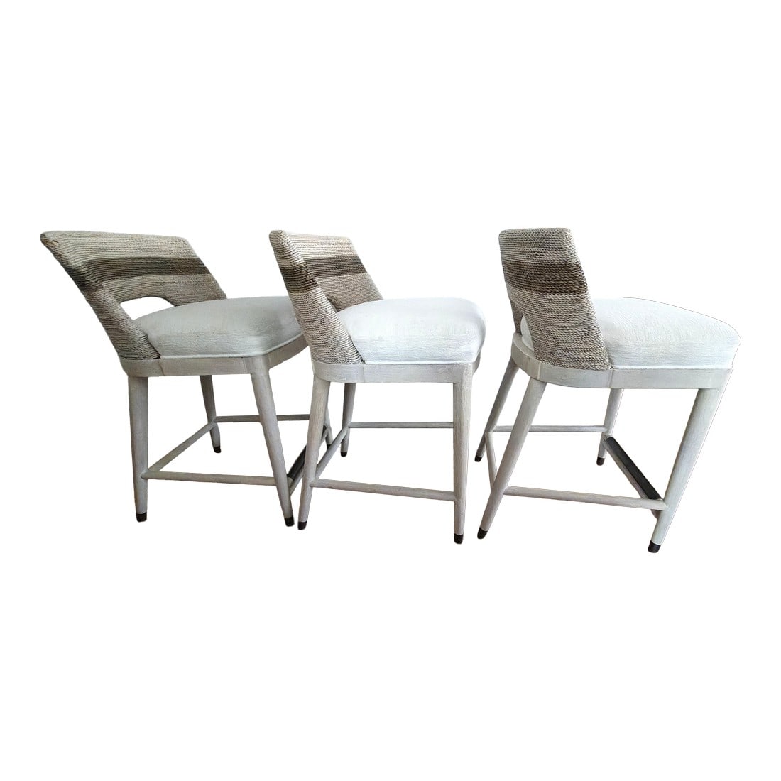 Palecek Fritz Rope Counter Stools- Set of 3: Palecek Fritz Rope Counter Stool Kirk Nix Collection. Hardwood frame and legs with pewter finish foot caps and footrest on front stretcher with a double wall back and sides of hand-twisted lampakanai
