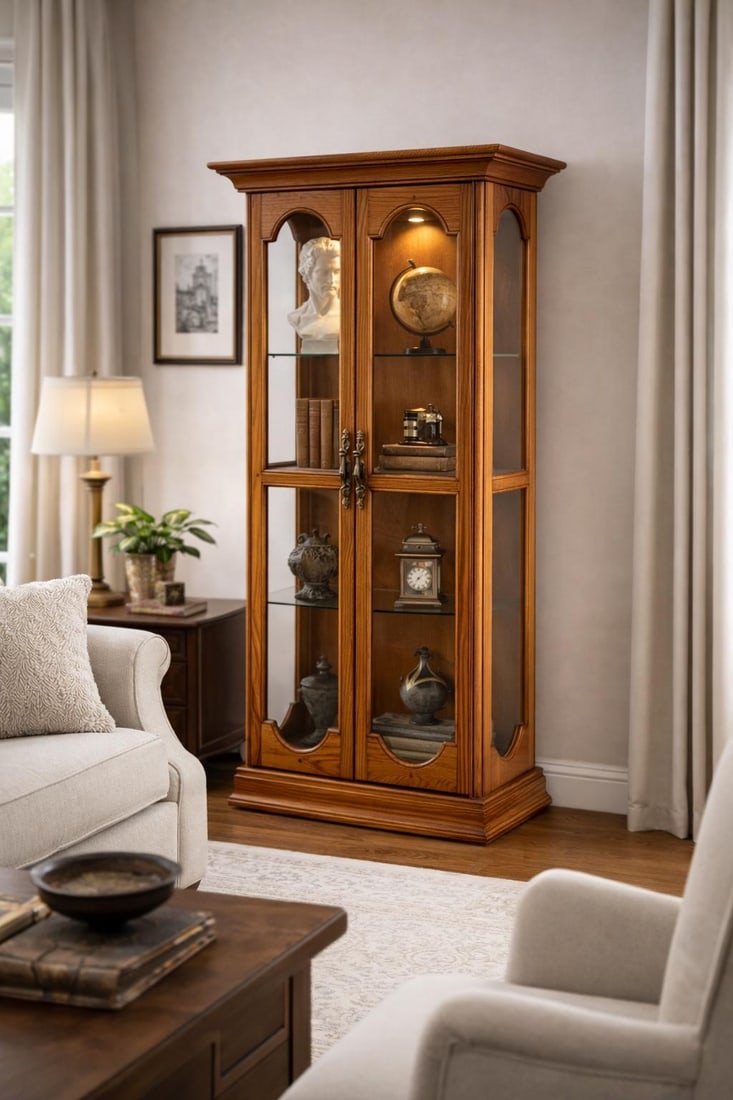 Vintage Harbor House Solid Oak Lighted Curio Cabinet With Glass Sides – Model 9630 – - 10