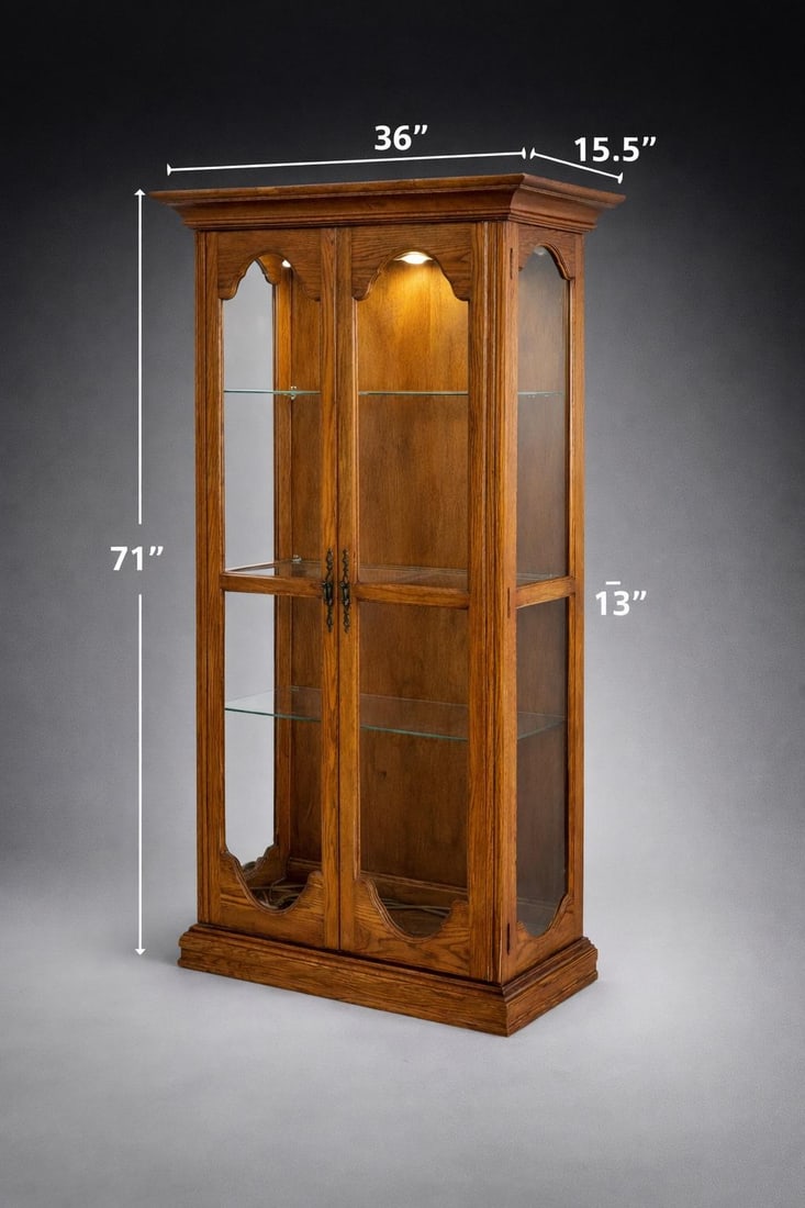 Vintage Harbor House Solid Oak Lighted Curio Cabinet With Glass Sides – Model 9630 – - 2