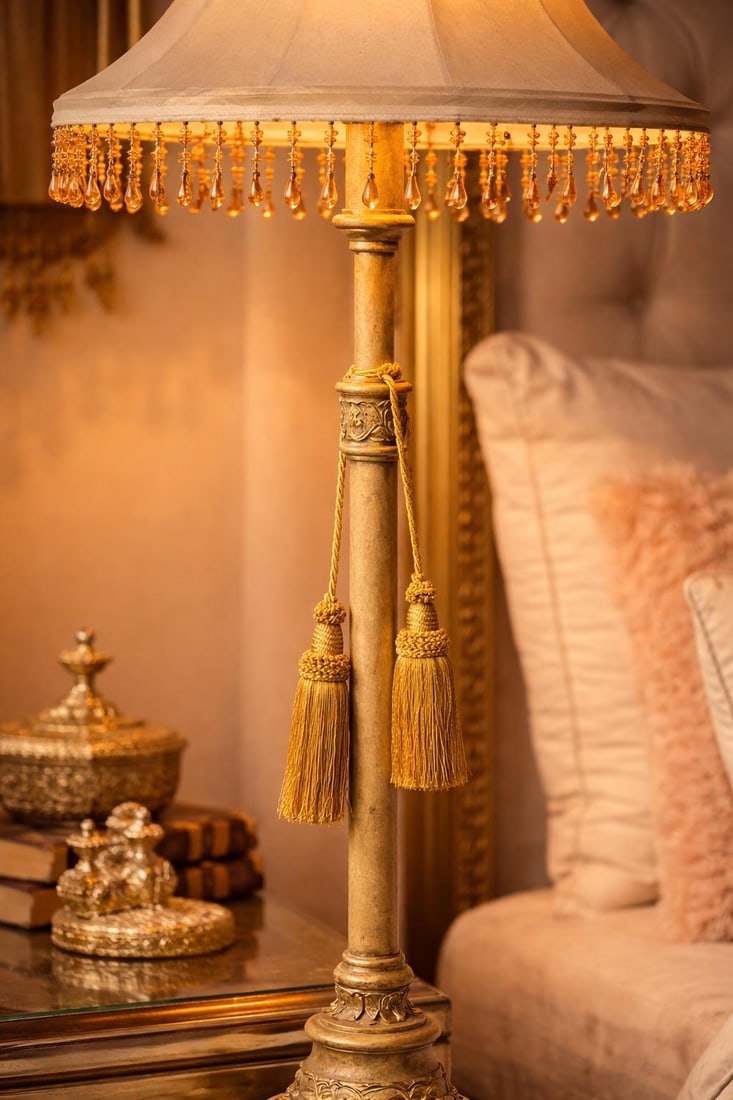 Vintage Hollywood Regency Cast Iron Table Lamp With Beaded Fringe Shade & Dual Tassels – 38" - 4