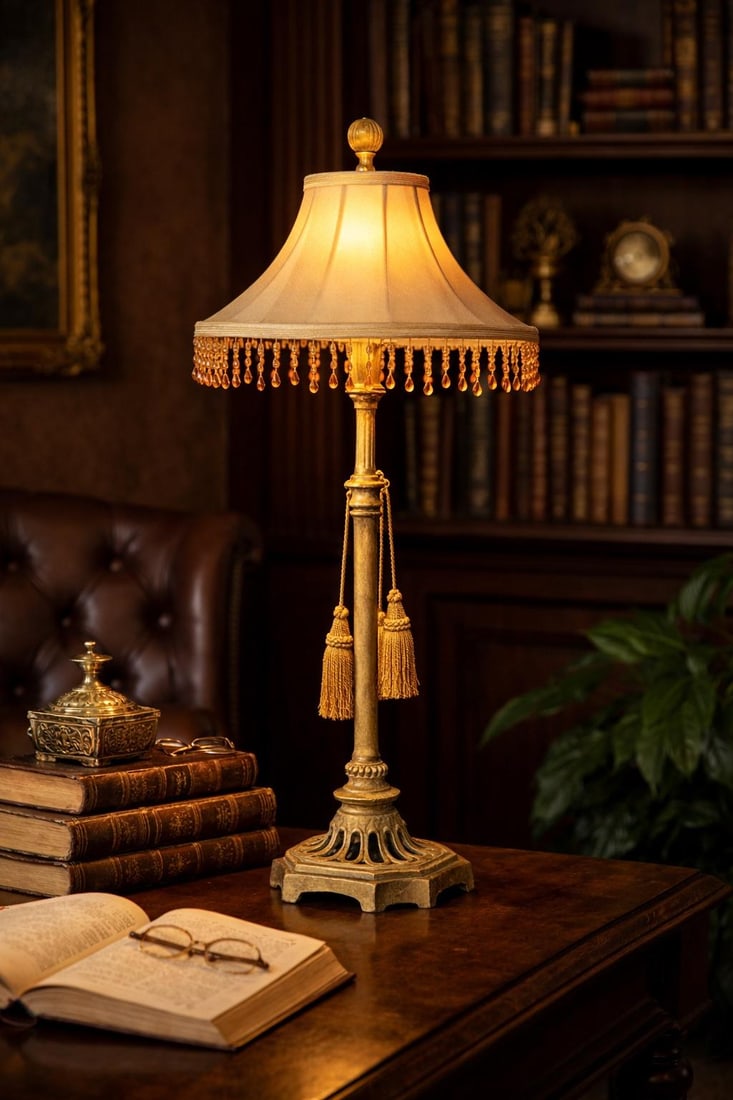 Vintage Hollywood Regency Cast Iron Table Lamp With Beaded Fringe Shade & Dual Tassels – 38" - 7