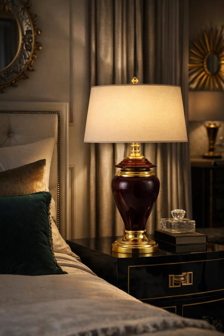 Hollywood Regency Eggplant & Brass Table Lamp With New 17" Shade - 7