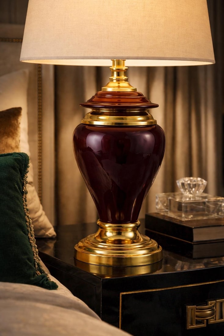 Hollywood Regency Eggplant & Brass Table Lamp With New 17" Shade - 8