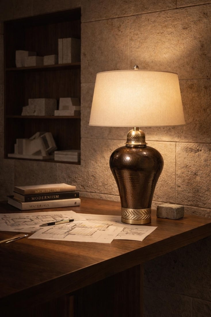 Vintage Hammered Bronze Table Lamp With Chevron Nickel Band & Linen Shade – Sculptural - 10