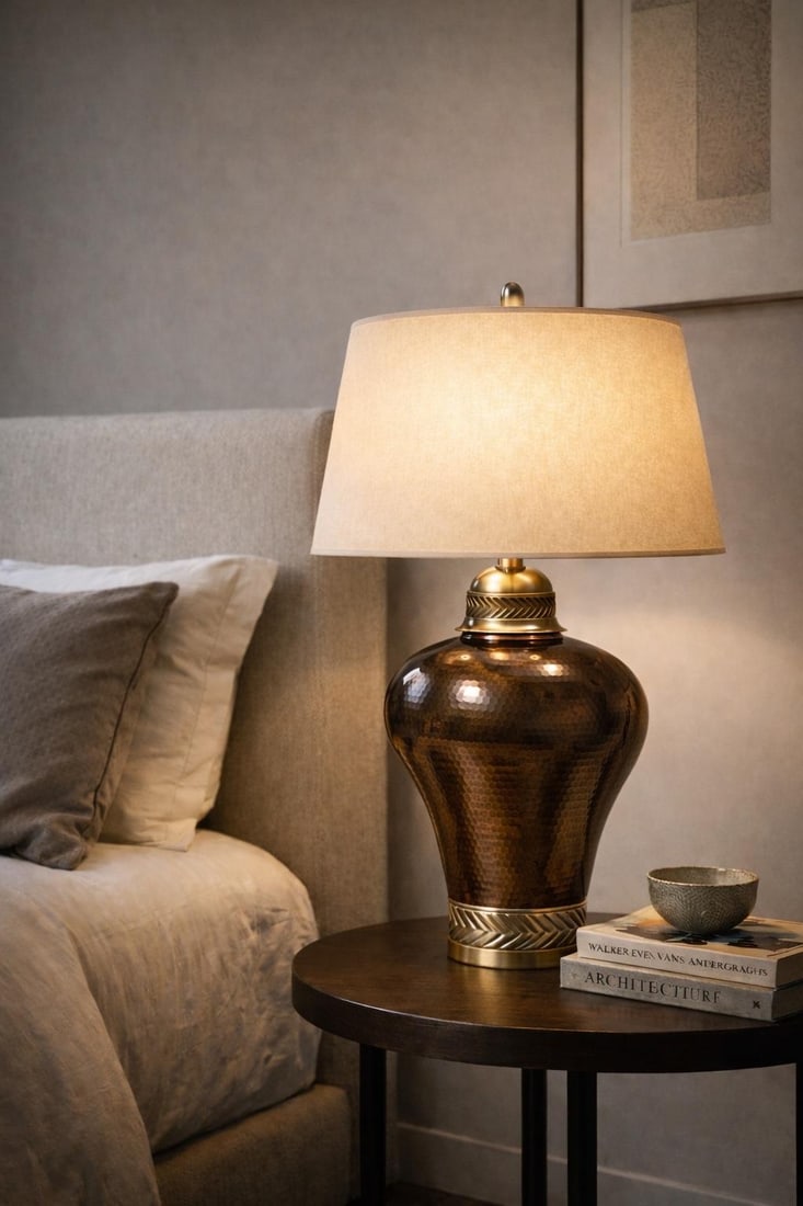 Vintage Hammered Bronze Table Lamp With Chevron Nickel Band & Linen Shade – Sculptural - 12