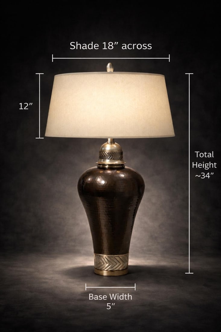 Vintage Hammered Bronze Table Lamp With Chevron Nickel Band & Linen Shade – Sculptural - 2