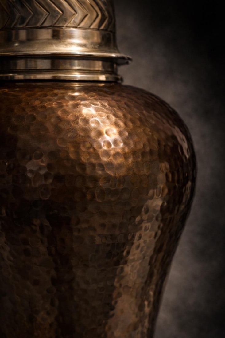 Vintage Hammered Bronze Table Lamp With Chevron Nickel Band & Linen Shade – Sculptural - 3