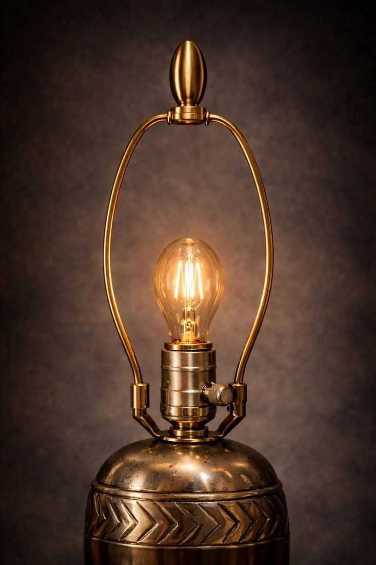 Vintage Hammered Bronze Table Lamp With Chevron Nickel Band & Linen Shade – Sculptural - 7