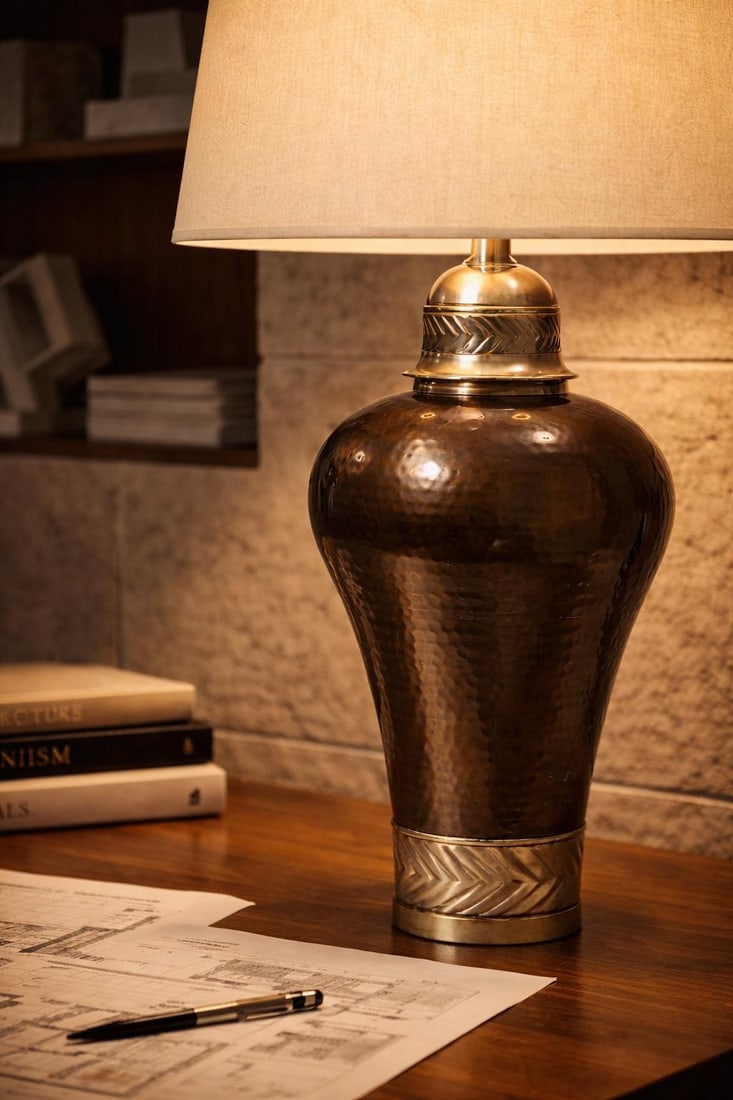 Vintage Hammered Bronze Table Lamp With Chevron Nickel Band & Linen Shade – Sculptural - 8