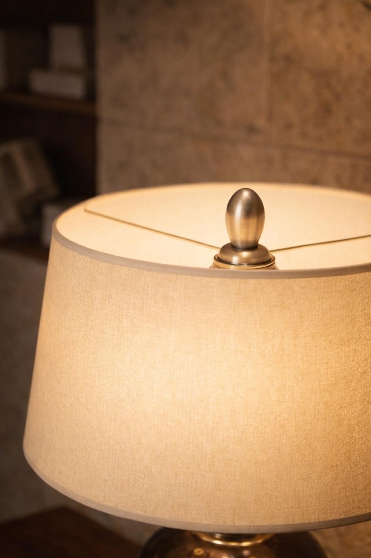 Vintage Hammered Bronze Table Lamp With Chevron Nickel Band & Linen Shade – Sculptural - 9
