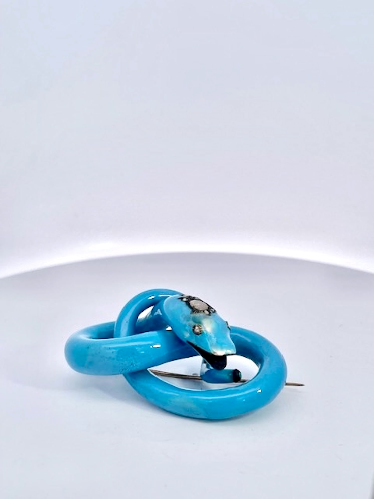 Antique Circa 1890 Enamel Diamond Snake Brooch, 38.4g Gold, Blue - 2