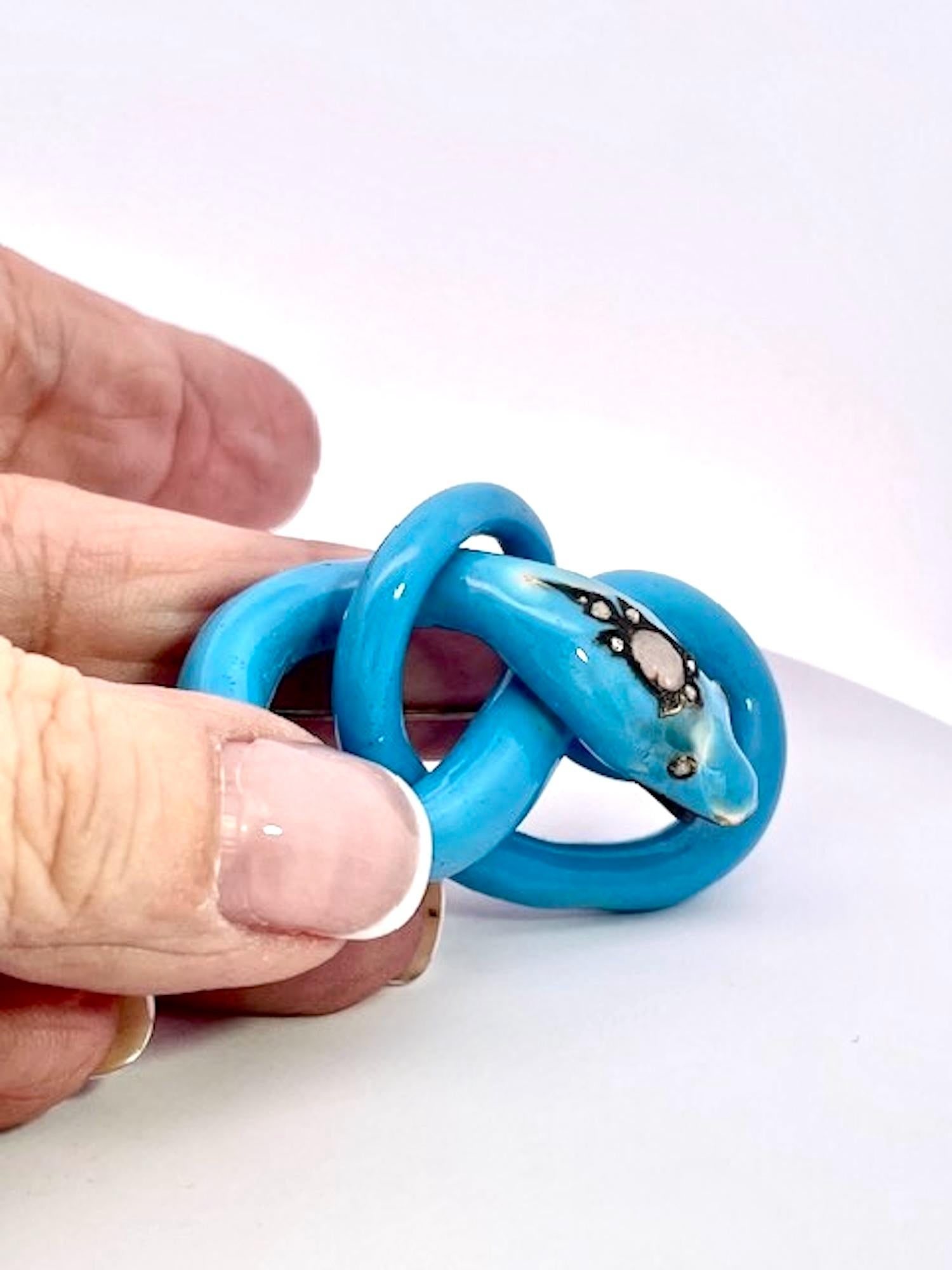 Antique Circa 1890 Enamel Diamond Snake Brooch, 38.4g Gold, Blue - 7