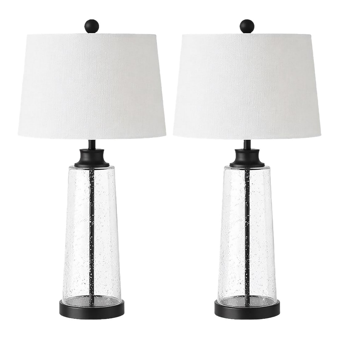 Contemporary Seeded Bubble Glass Table Lamps With Linen Drum Shades - a Pair: Mobile-Ready Blurb An elegant pair of late 20th century seeded glass table lamps distinguished by their beautifully effervescent bubble glass bodies. The tall tapered cylinders appear almost suspended