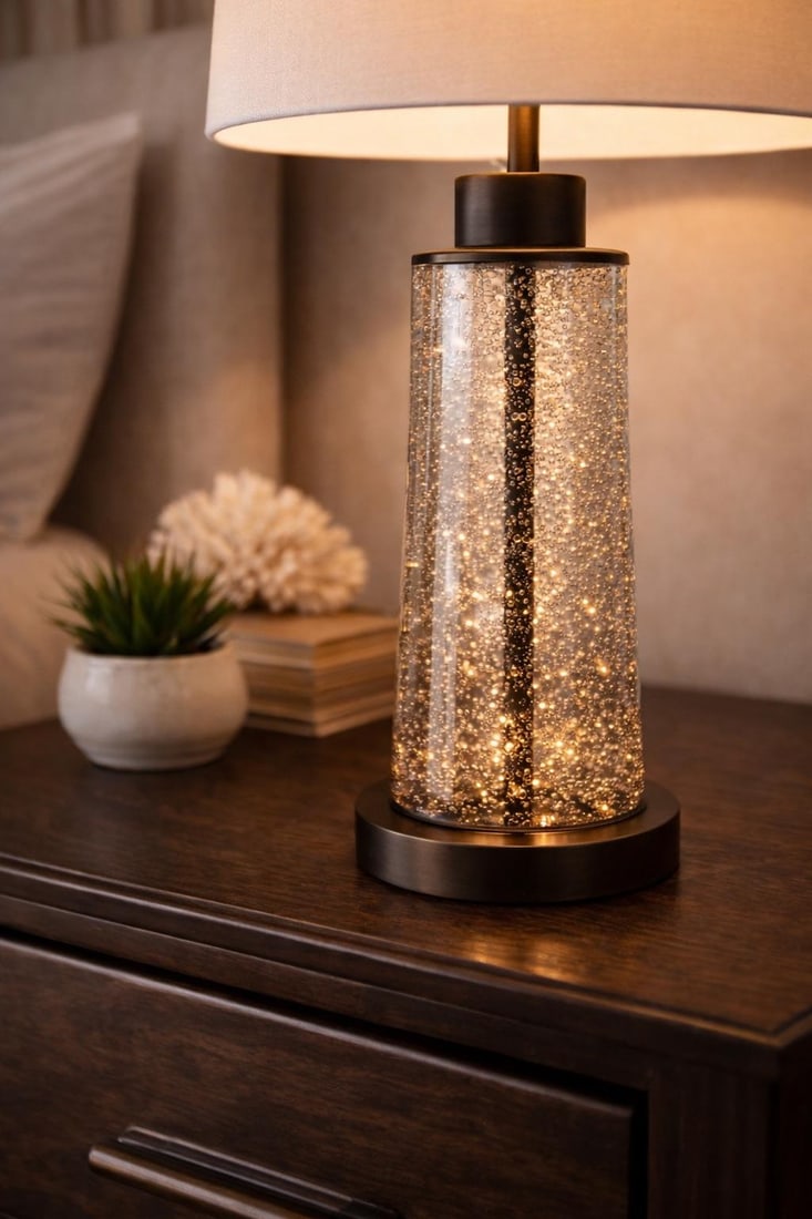 Contemporary Seeded Bubble Glass Table Lamps With Linen Drum Shades - a Pair - 5