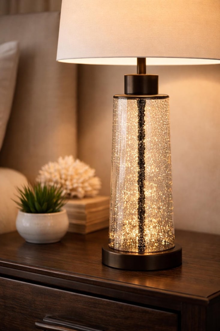 Contemporary Seeded Bubble Glass Table Lamps With Linen Drum Shades - a Pair - 7