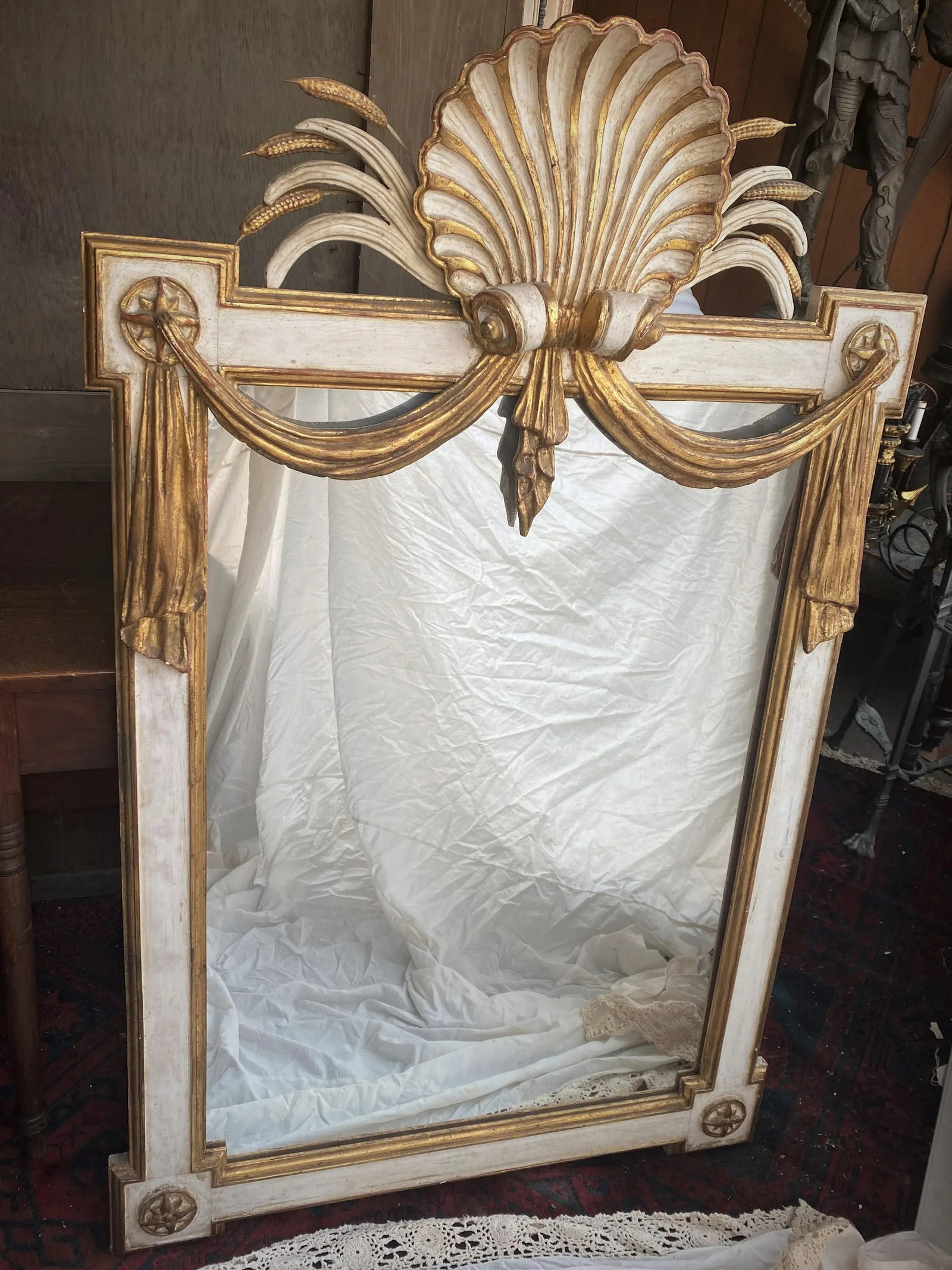 Italian Carved Wood Shell Star Wheat & Draped Fabric Large Mirror in White & Gold - 12
