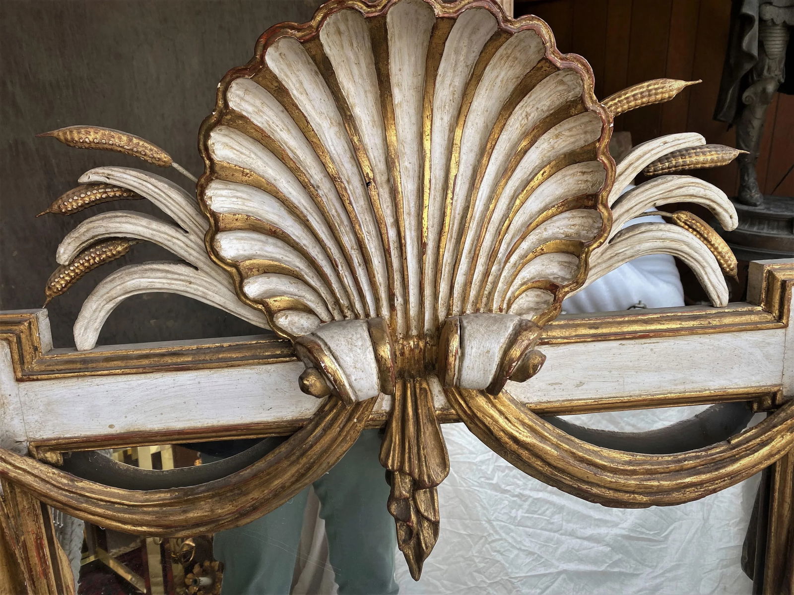 Italian Carved Wood Shell Star Wheat & Draped Fabric Large Mirror in White & Gold - 2