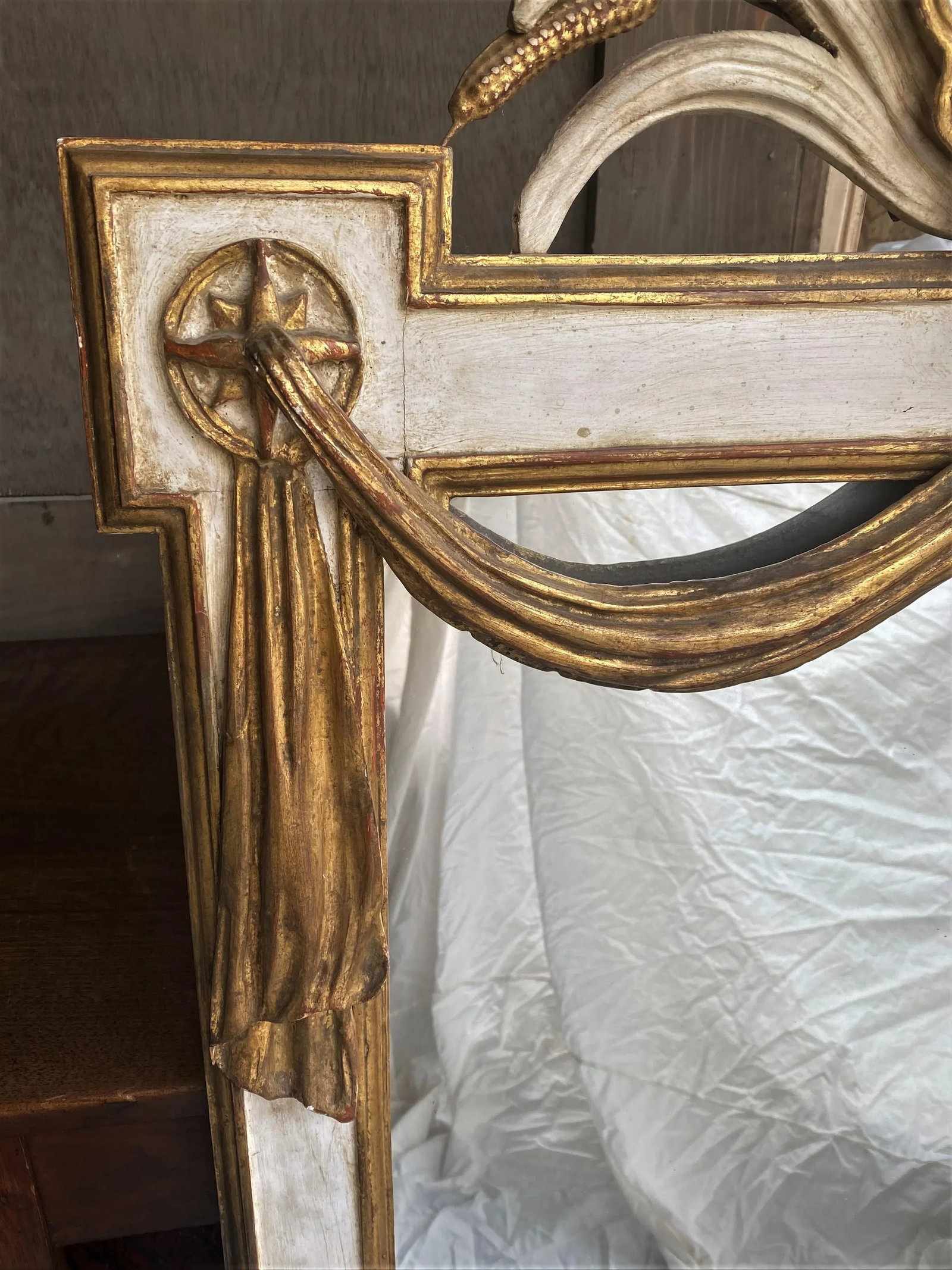 Italian Carved Wood Shell Star Wheat & Draped Fabric Large Mirror in White & Gold - 4