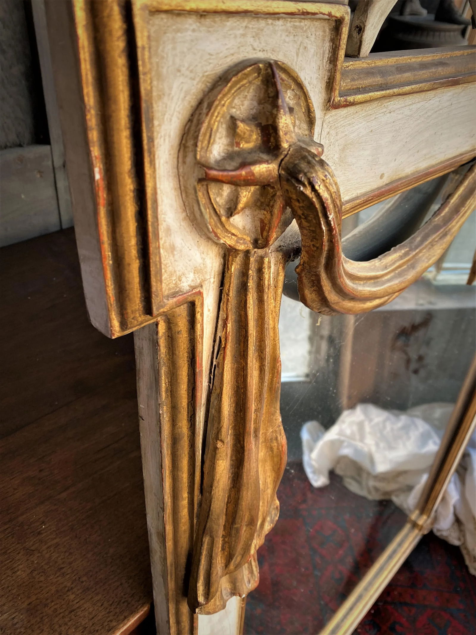 Italian Carved Wood Shell Star Wheat & Draped Fabric Large Mirror in White & Gold - 7