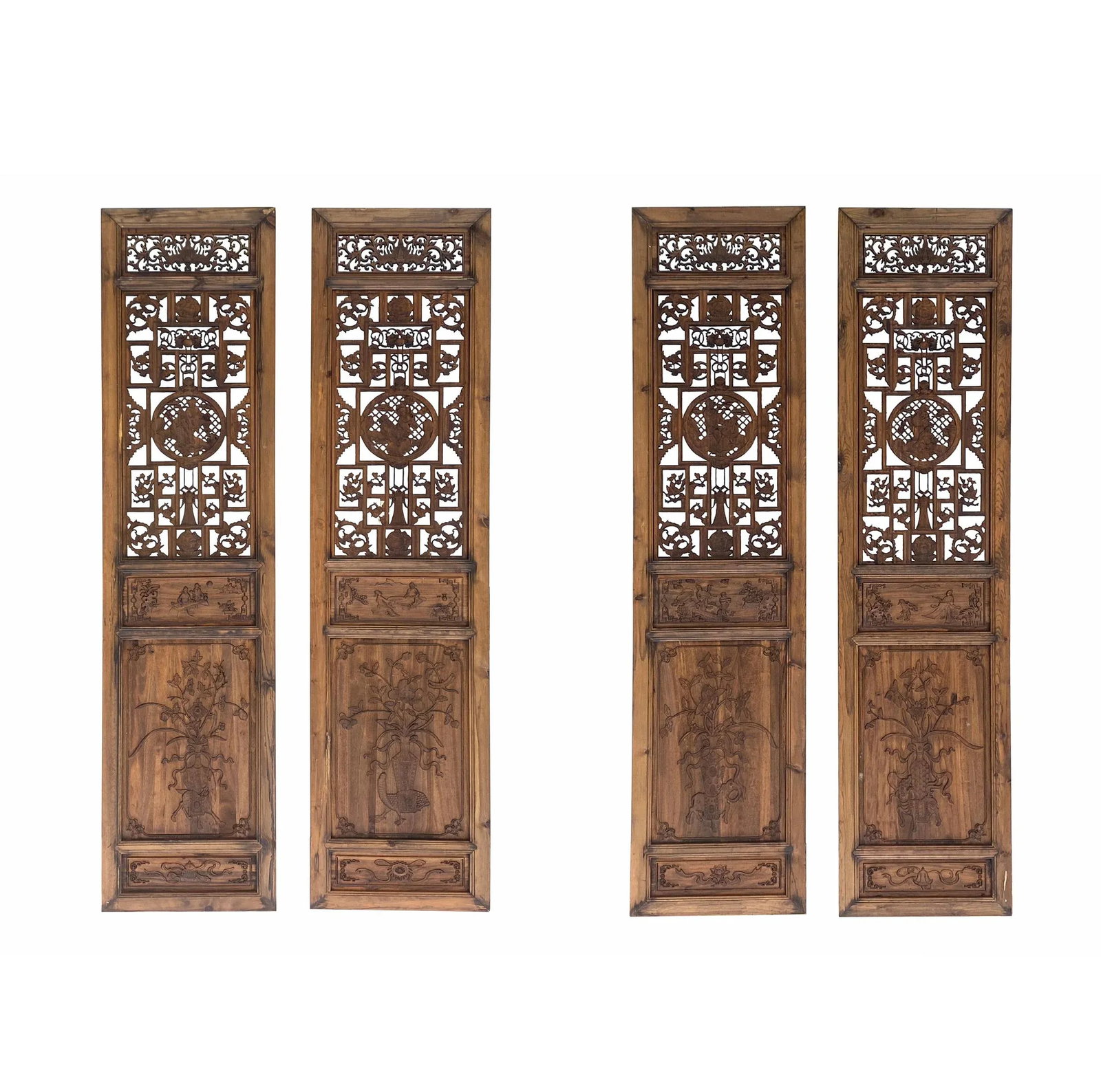 Set of 4 Vintage Chinese Eight Immortal Theme Wood Tall Panel Screen Divider - 11