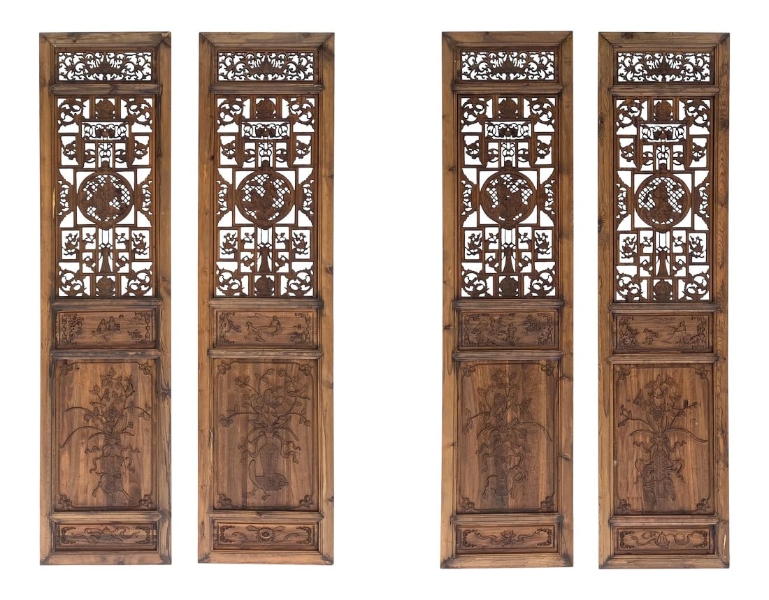 Set of 4 Vintage Chinese Eight Immortal Theme Wood Tall Panel Screen Divider: This is a set of four vintage finishes Chinese wood panels with geometric patterns surrounding Eight Immortal theme carving accents at the center. The top has a see-through motif and the bottom has a