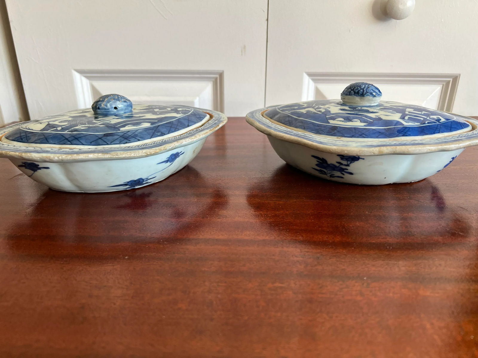 Antique Chinese Export-Style Canton Blue & White Covered Dishes- a Pair - 2