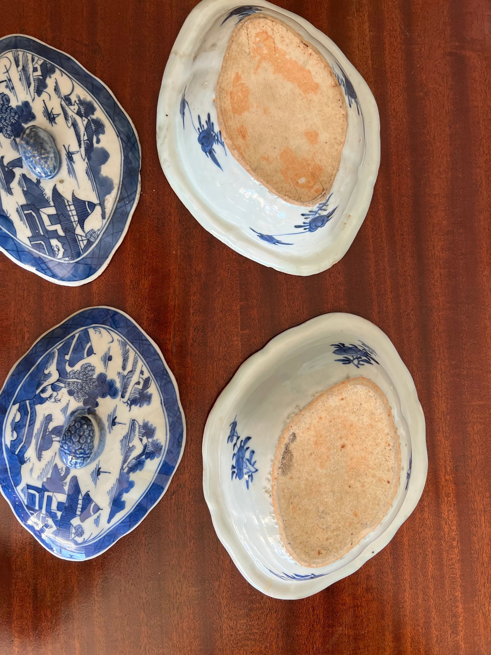 Antique Chinese Export-Style Canton Blue & White Covered Dishes- a Pair - 4