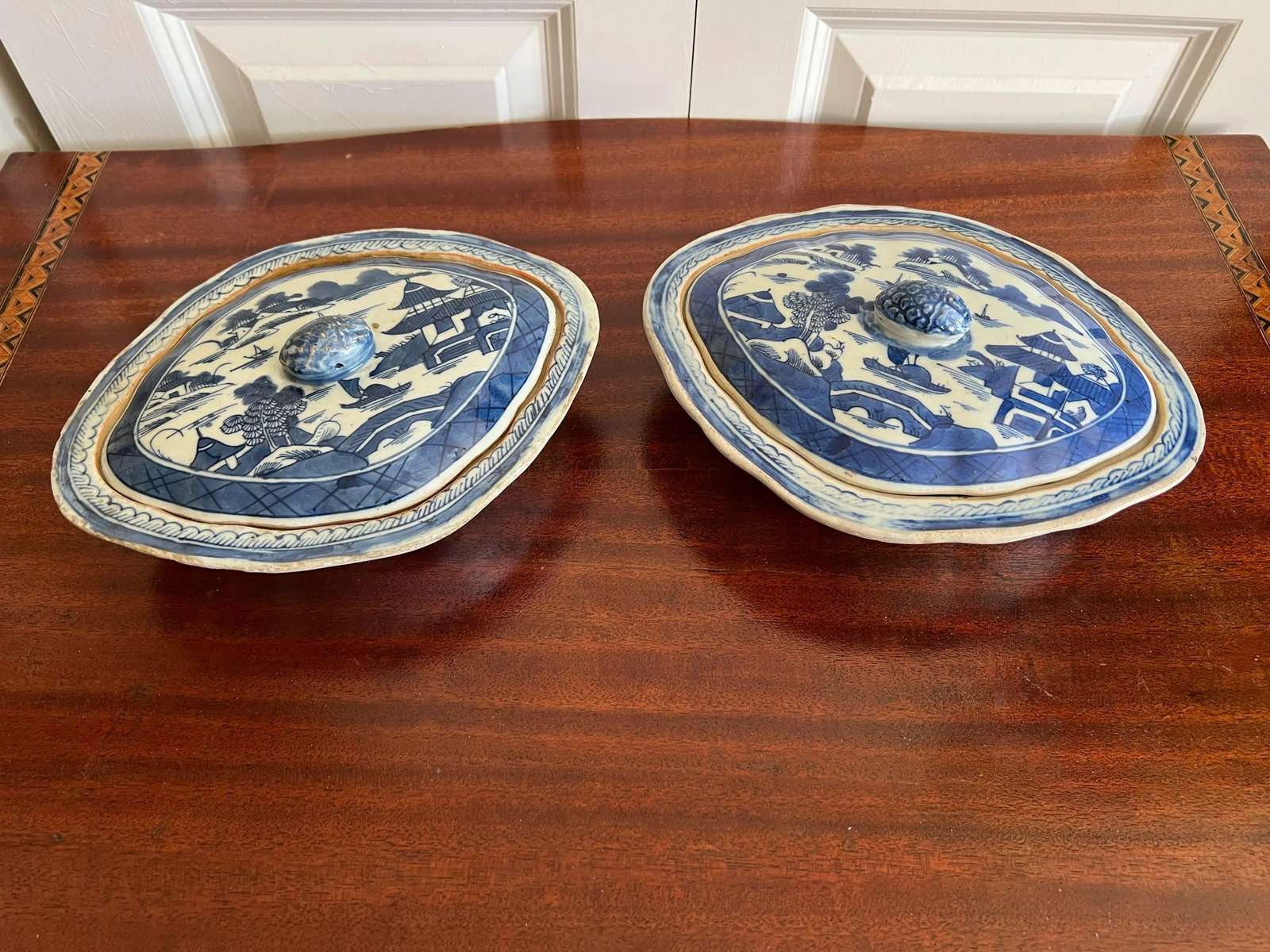 Antique Chinese Export-Style Canton Blue & White Covered Dishes- a Pair - 8