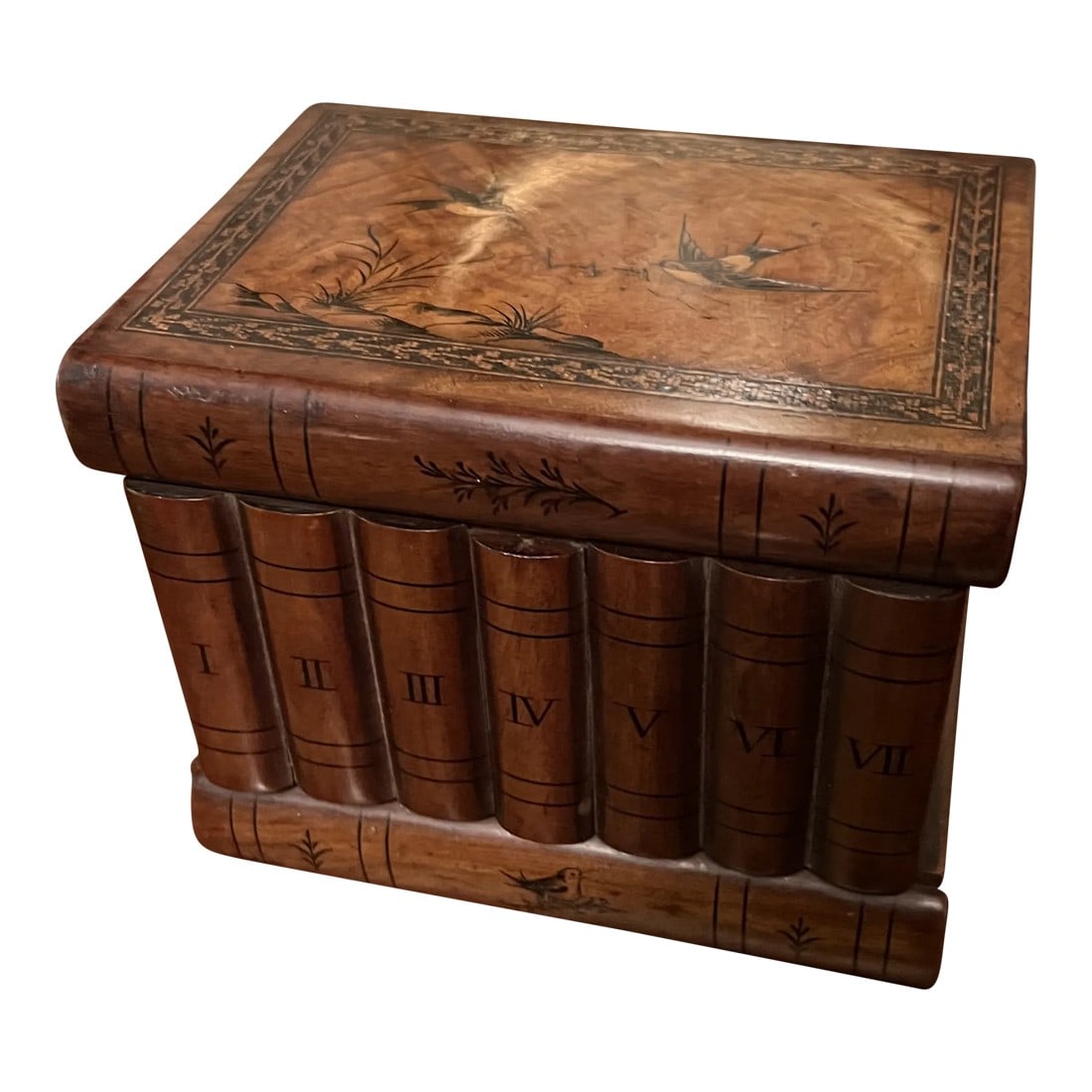 Antique Marquetry Inlaid Faux Book Front "Hidden Storage" Box: This is a truly unique antique box, not only does it have a faux book front. Fine inlay detail to the top - showcasing birds but it has a very cool hidden document storage area to the bottom! Conditio