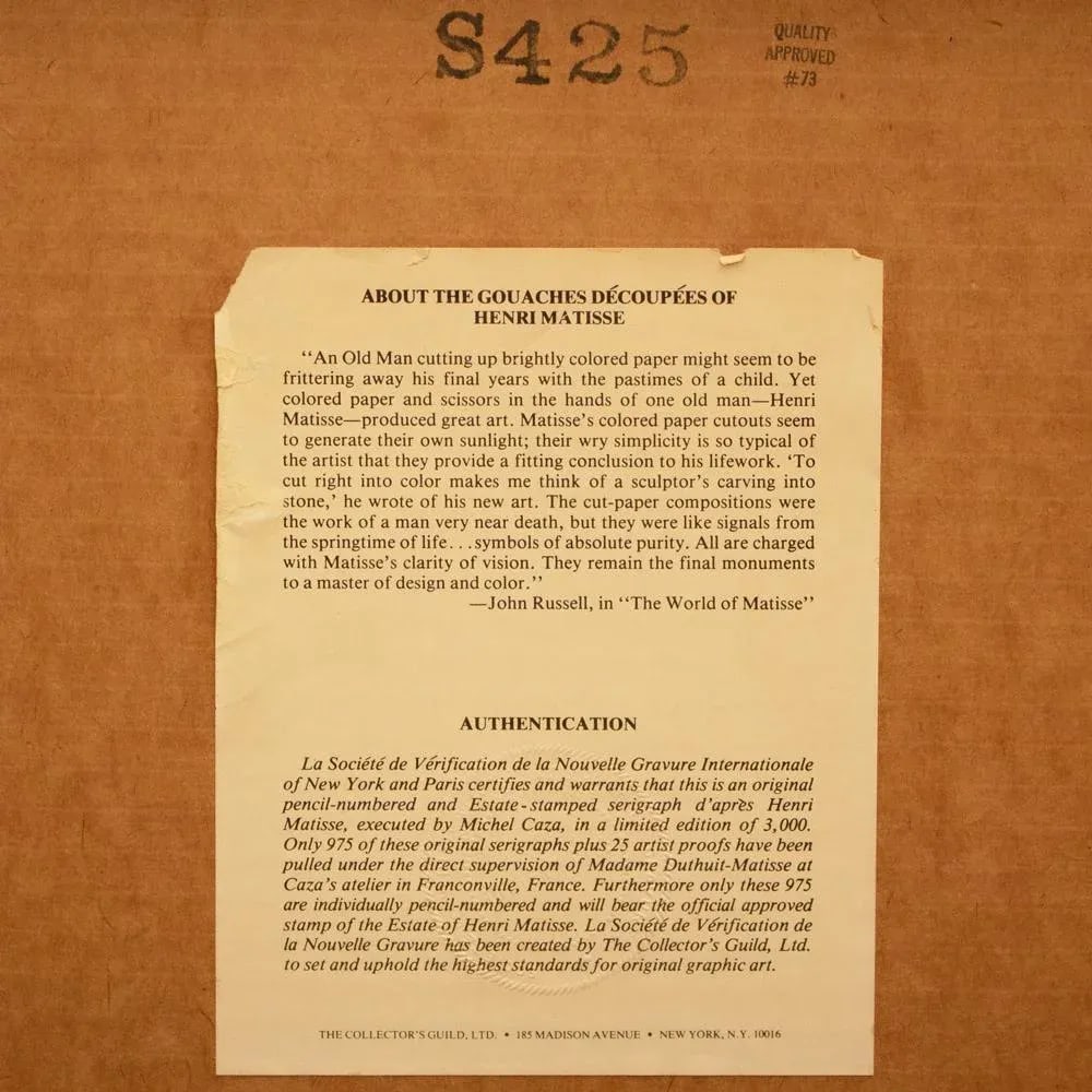 Palm by Henri Matisse, Signed, Pencil-Numbered and Estate-Stamped Serigraph, C. O. A. - 10