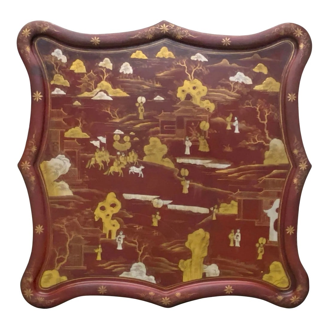Chinese Ox Blood Red Brown Lacquer Golden Scenery Square Tray Display Art: This is a square ( with curve ) tray with rustic pattern ox blood red-brown lacquer base color. The surface is painted with yellowish golden colorful chinoiserie style graphics and an oriental scenery