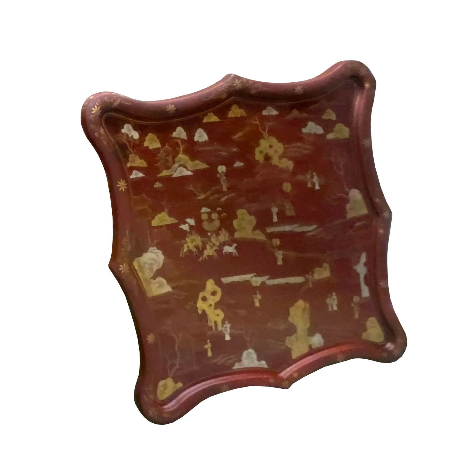 Chinese Ox Blood Red Brown Lacquer Golden Scenery Square Tray Display Art - 2