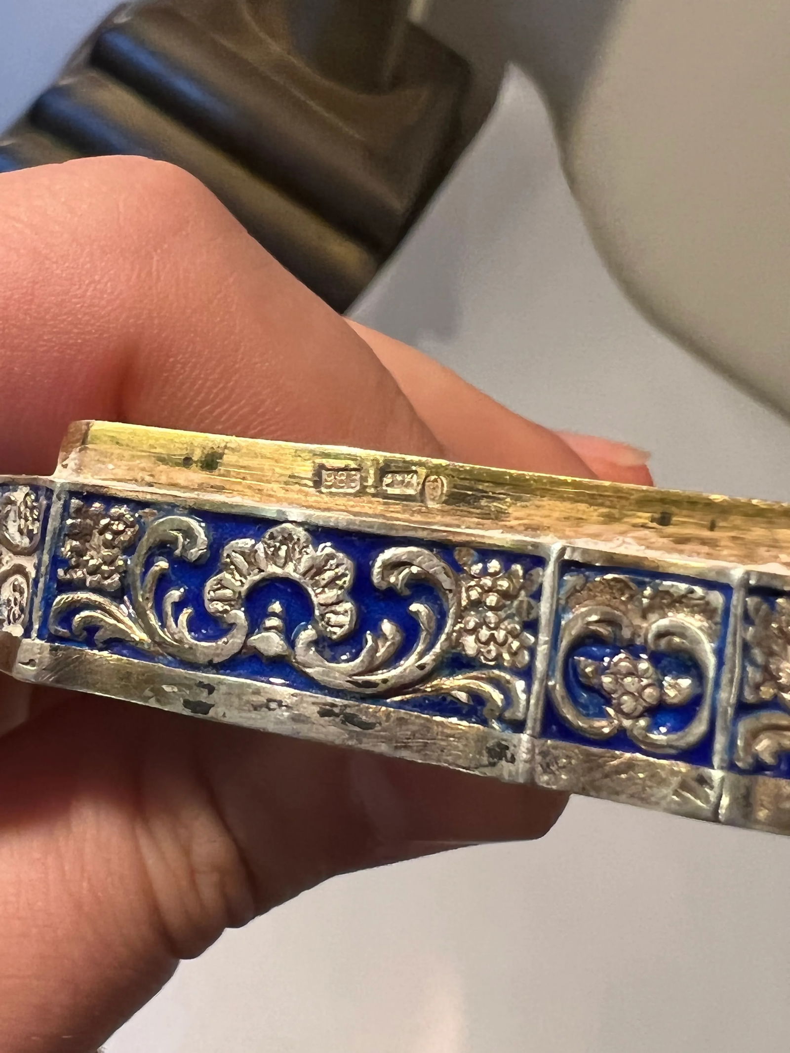 Antique Art Nouveau 985 Sterling Silver & Blue Enamel Austrian or French Compact - 4