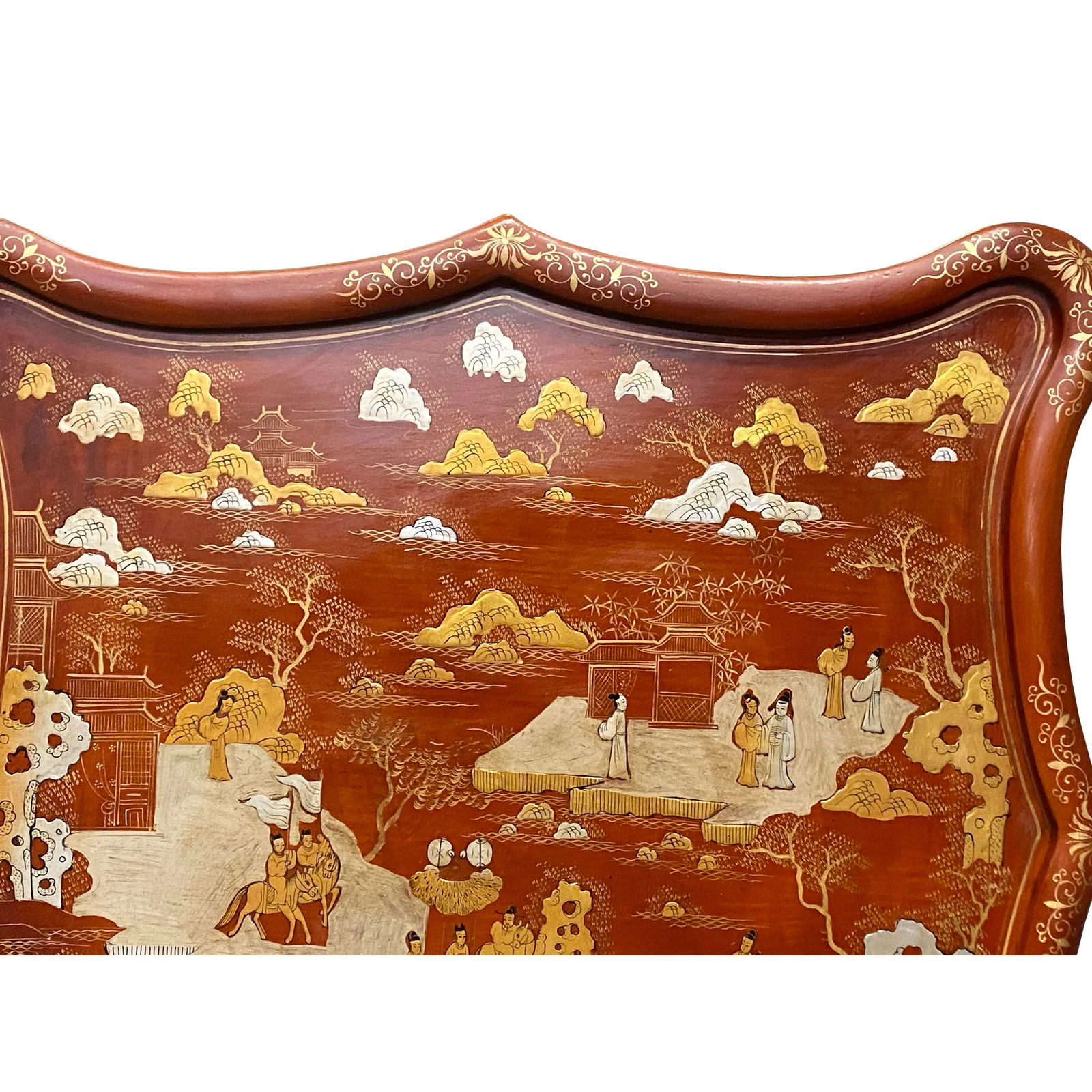 Chinese Brick Red Lacquer Golden Scenery Square Tray Display Art - 2