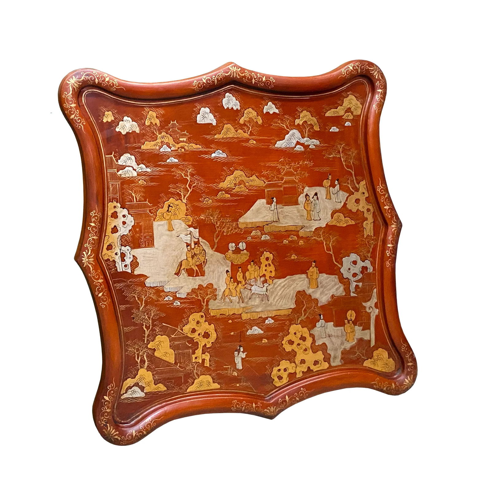 Chinese Brick Red Lacquer Golden Scenery Square Tray Display Art - 3