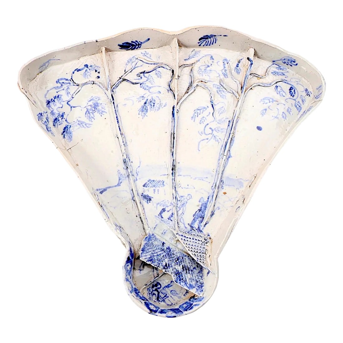 Chinoiserie Fan Shaped Studio Pottery Tea Tray by Kenneth Russell Ferguson: Hand decorated with modern adaptations of traditional Chinoiserie designs - this brutalist slab porcelain fan-shaped tray was created by Kenneth Russell Ferguson. Painter, printmaker, sculptor, cerami