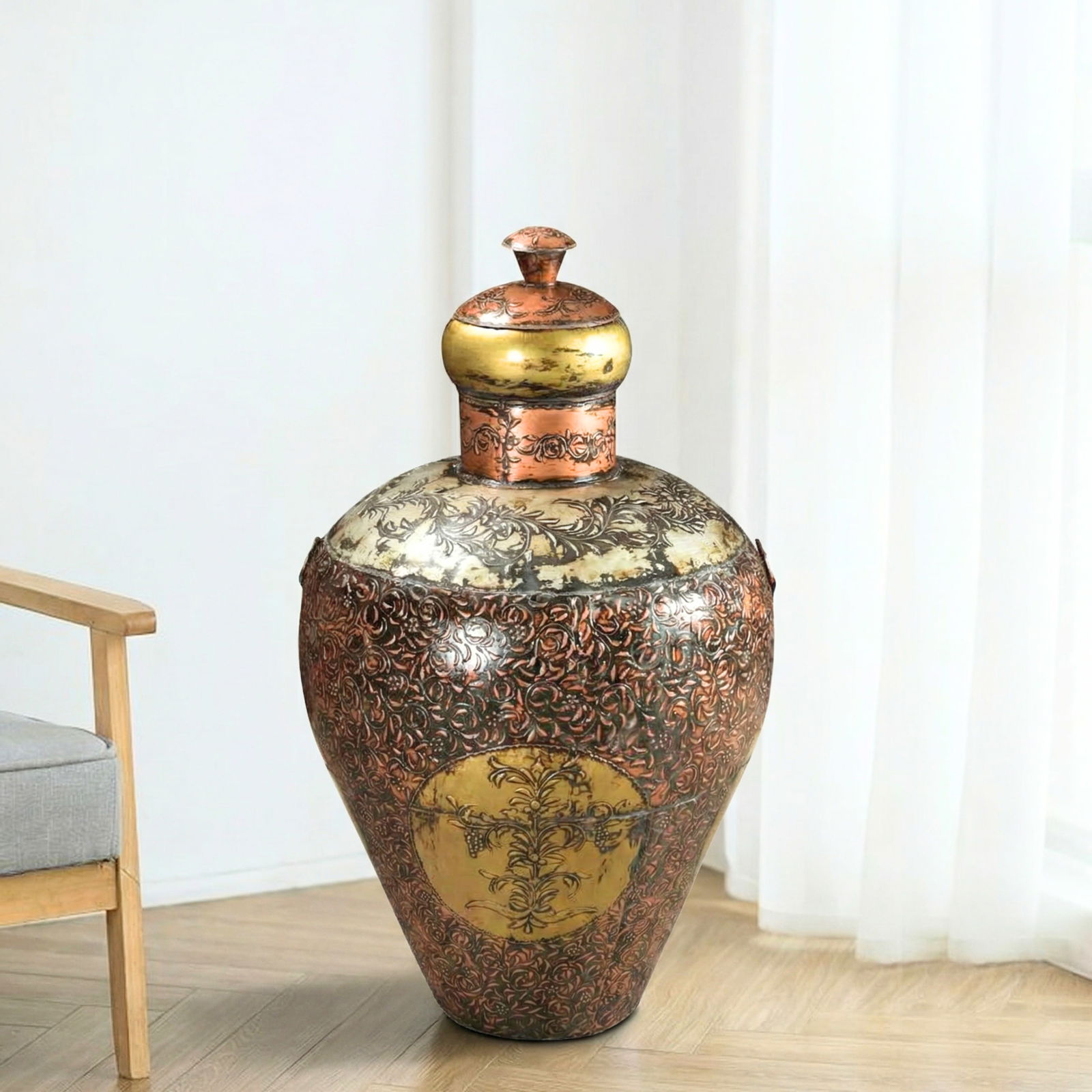 Vintage 40" Tall Metal Vase With Lid | Copper Gold Art Deco Decor | Moorish Mediterranean Decorative - 2