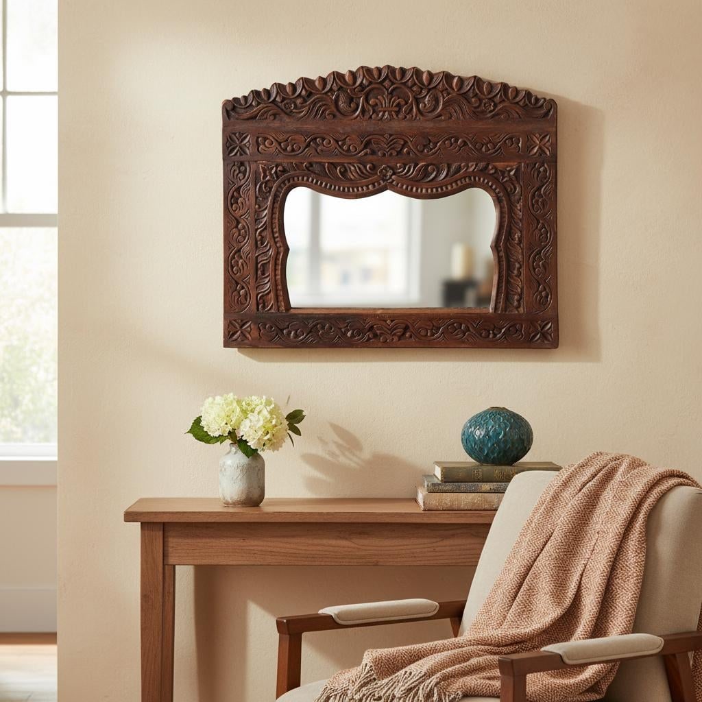 Antique Farmhouse Style Handmade Mirror | Solid Teak Wood Decorative Wall Mirror | Ornate Mirror | E - 2