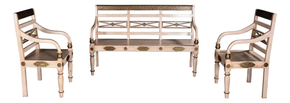 Solid Mango Wood Sofa Set | Distressed Off White Sofa Set With Brass Accent | 3 Piece Living Room Se: Dimensions: Bench: 63" wide X 20" deep X 40" high Chairs: 22" wide X 24" deep X 40" high Features: "• A rare and only one of its kind available "• 100% solid Mango wood construction "̶