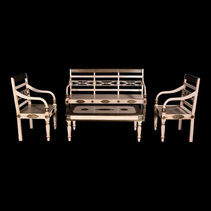 Solid Mango Wood Sofa Set | Distressed Off White Sofa Set With Brass Accent | 3 Piece Living Room Se - 2