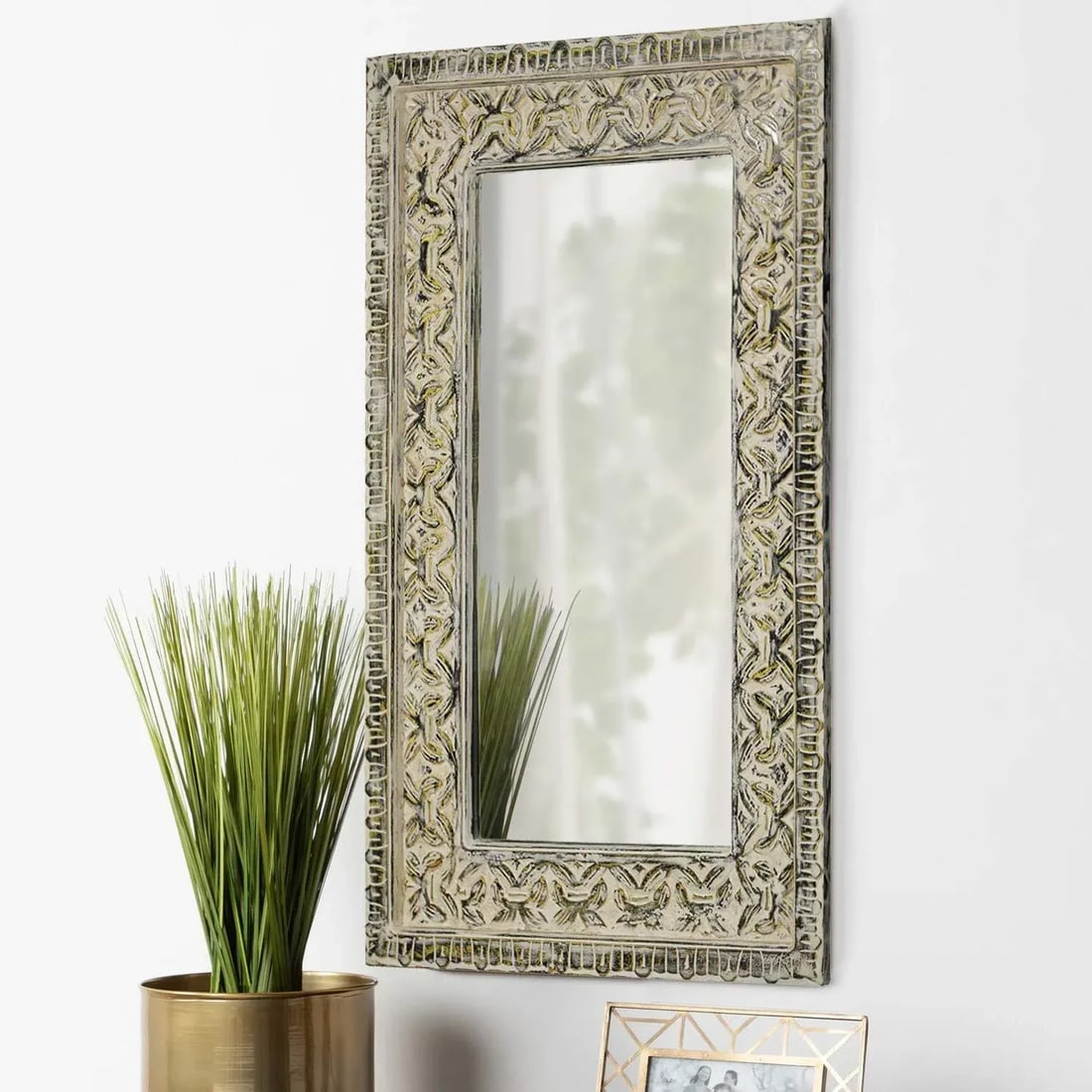 Antique Teak Wood Carved Window Upcycled Large Mirror | Natural Distressed Aged Wall Mirror | Mooris - 2