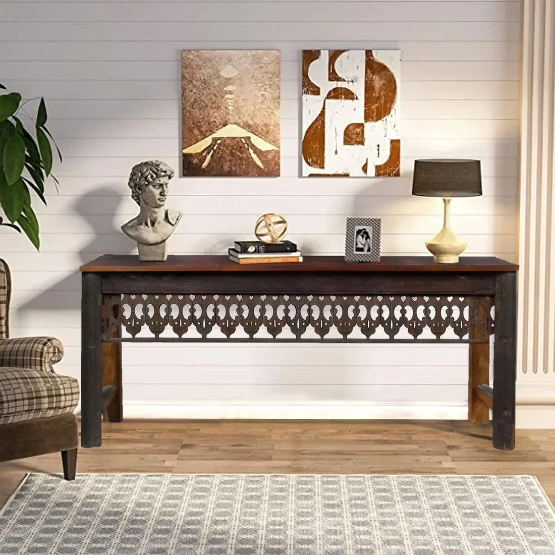 Farmhouse Style Lattice Carved Teak Wood Long Console | Unique Entryway Hall Table | Distressed Rust - 2
