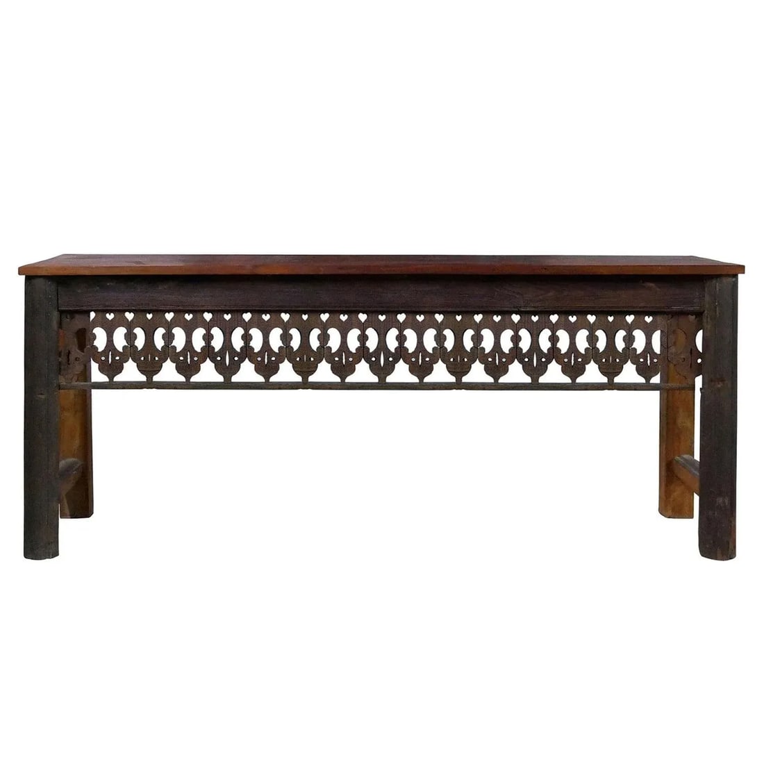 Farmhouse Style Lattice Carved Teak Wood Long Console | Unique Entryway Hall Table | Distressed Rust - 3
